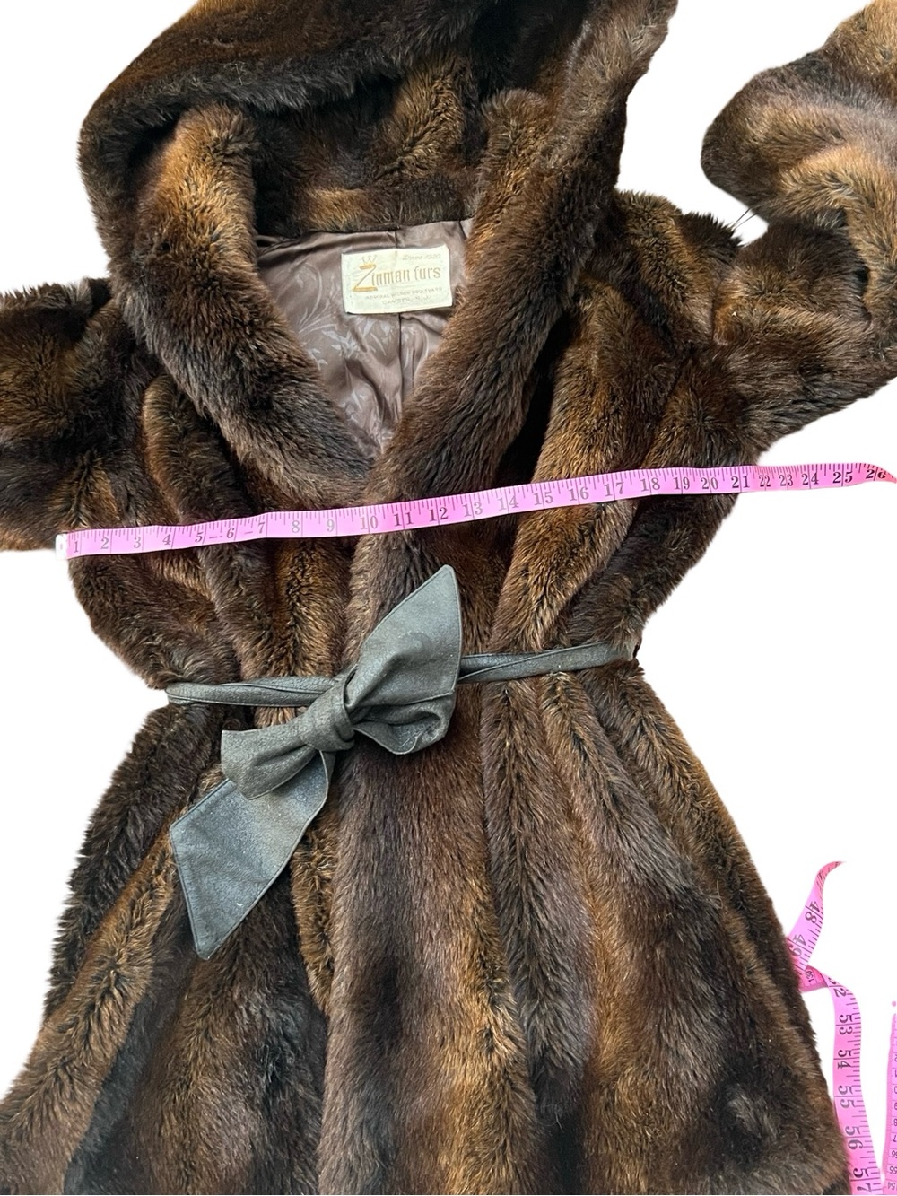 Vintage Zimmerman Furs Brown Faux Fur Hooded Coat Belted 70s Glam - Picture 5 of 7